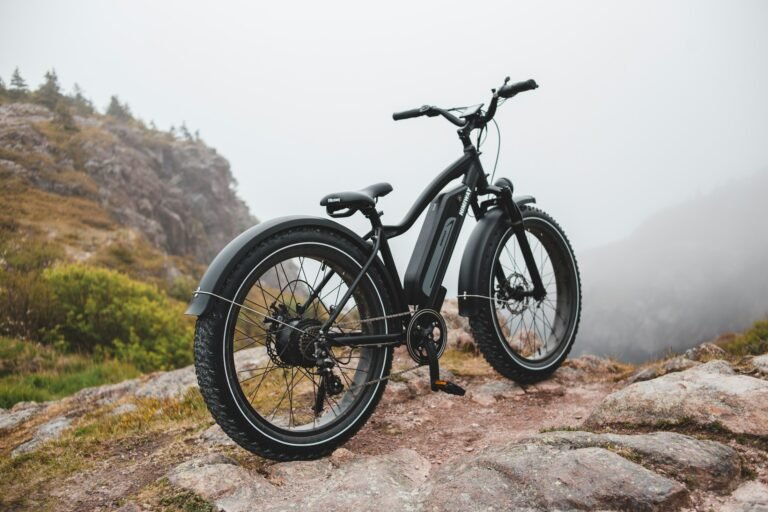 Fat-tire electric bike parked on rocks