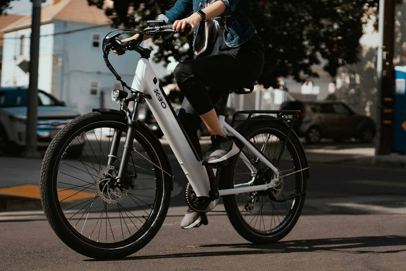 Rider commuting on an electric bike in the city